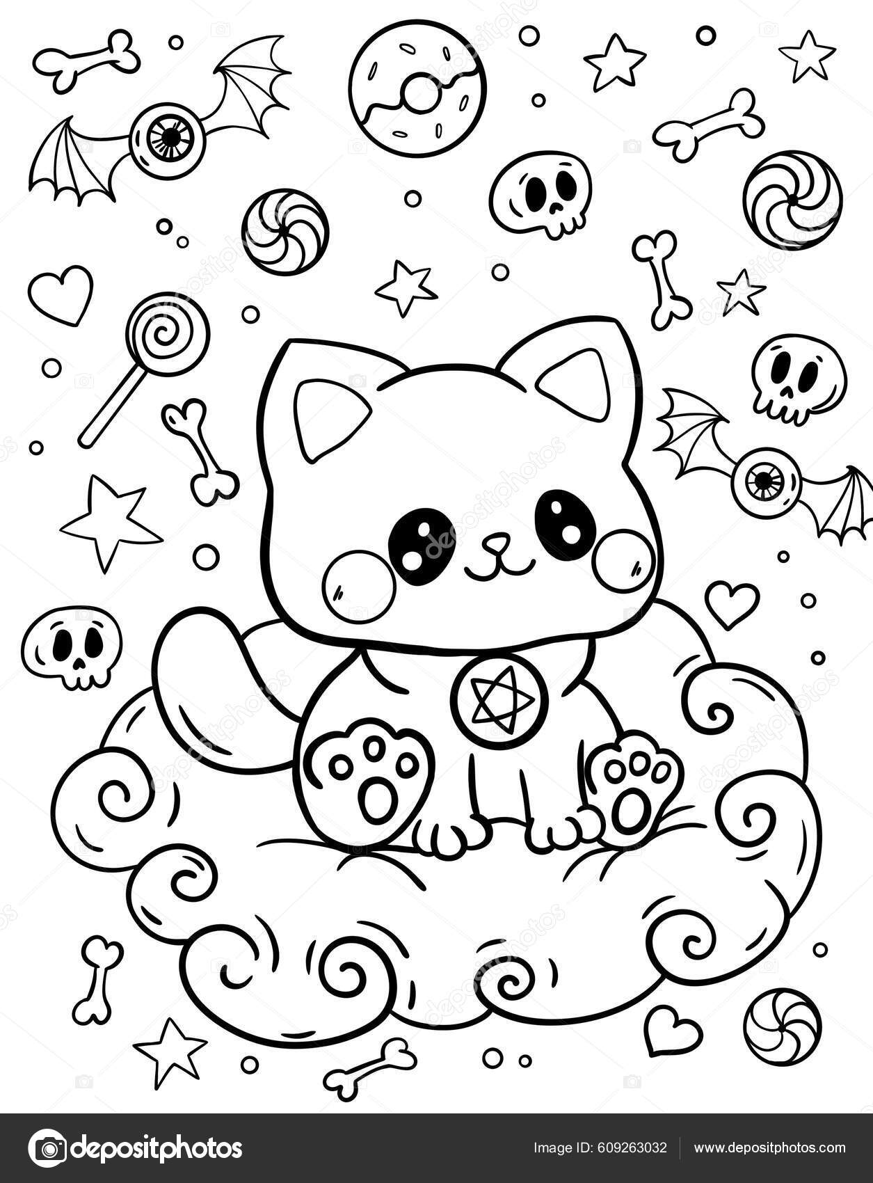 Página Para Colorir Kawaii Gato Está Sentado Nas Nuvens Místico